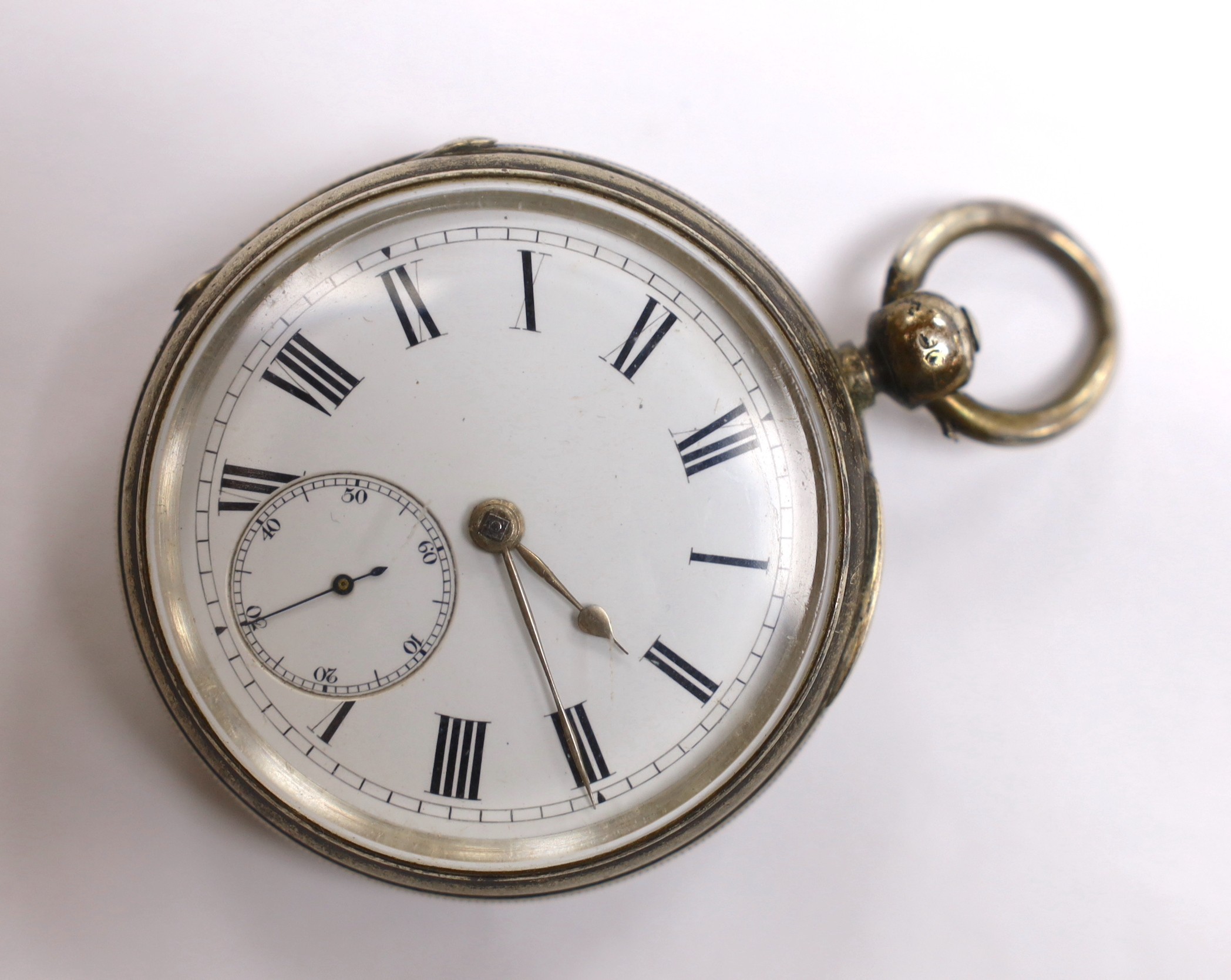 A late Victorian silver open faced pocket watch, with Roman dial and subsidiary seconds, with key.